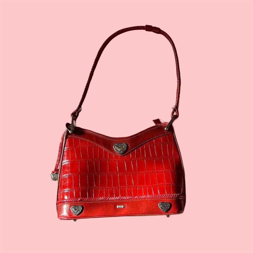 Y2K Red crocodile-patterned shoulder bag with heart-shaped metal details